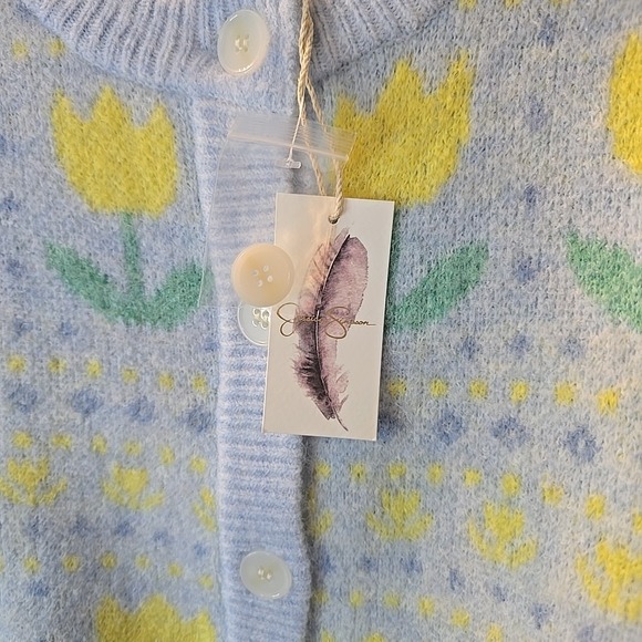 Jessica Simpson Knit Floral Cardigan Sweater Blue Yellow Tulips Size M NWT - Picture 8 of 16